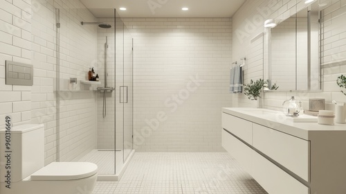 Wallpaper Mural White bathroom with subway tiles, modern fixtures, and a spacious walk-in shower with a glass door. Torontodigital.ca