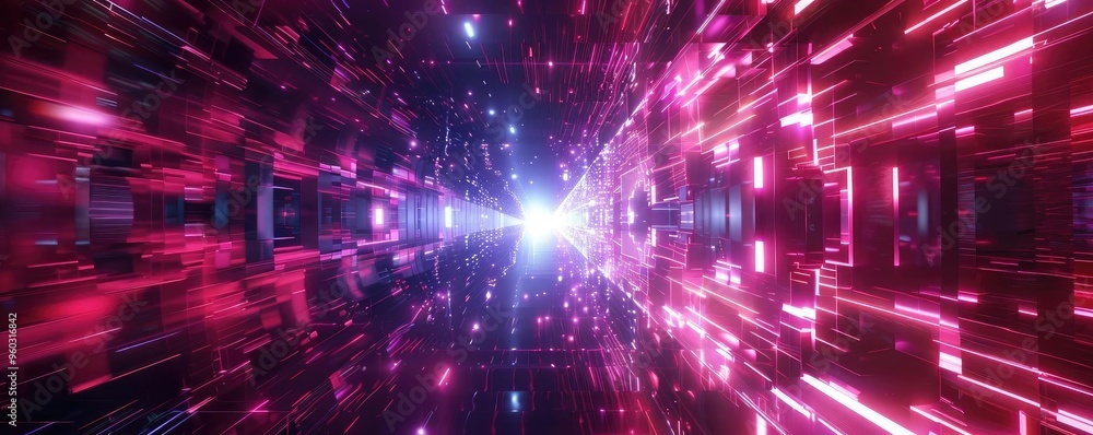 Fototapeta premium A mesmerizing digital tunnel of light, showcasing vibrant colors and dynamic patterns, evoking a sense of speed and depth.