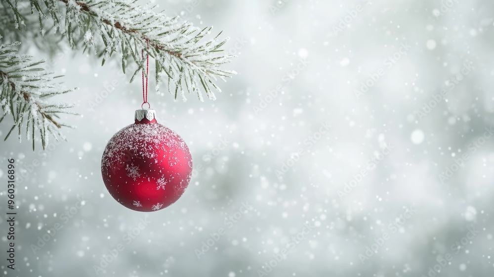 White Christmas background featuring a single red ornament hanging from a snowy pine branch, soft-focus snowflakes - White Christmas background featuring a single red ornament hanging from a snowy pine branch, soft-focus snowflakes -