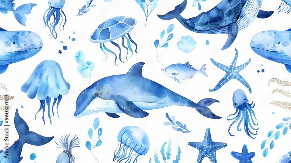 seamless pattern of sea cartoon animals. Blue watercolor ocean fish, turtle, whale and coral. Shell aquarium dolphin, crab octopus Nautical marine illustration, jellyfish, starfish seamless pattern of sea cartoon animals. Blue watercolor ocean fish, turtle, whale and coral. Shell aquarium dolphin, crab octopus Nautical marine illustration, jellyfish, starfish