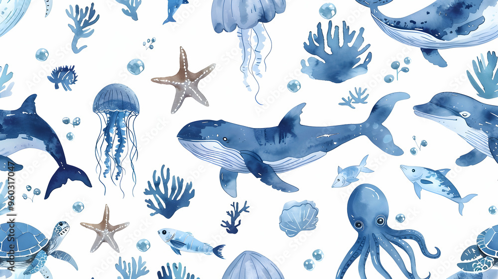seamless pattern of sea cartoon animals. Blue watercolor ocean fish, turtle, whale and coral. Shell aquarium dolphin, crab octopus Nautical marine illustration, jellyfish, starfish seamless pattern of sea cartoon animals. Blue watercolor ocean fish, turtle, whale and coral. Shell aquarium dolphin, crab octopus Nautical marine illustration, jellyfish, starfish
