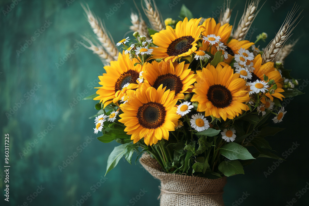 Obraz premium A rustic bouquet featuring freshly picked sunflowers, wild daisies, and wheat stalks, wrapped in burlap, isolated on a pastel green background,