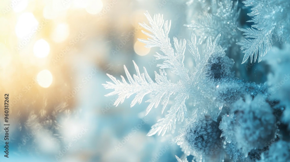 White Christmas background with a close-up of frosted window glass, ice patterns, and blurred winter scene outside White Christmas background with a close-up of frosted window glass, ice patterns, and blurred winter scene outside