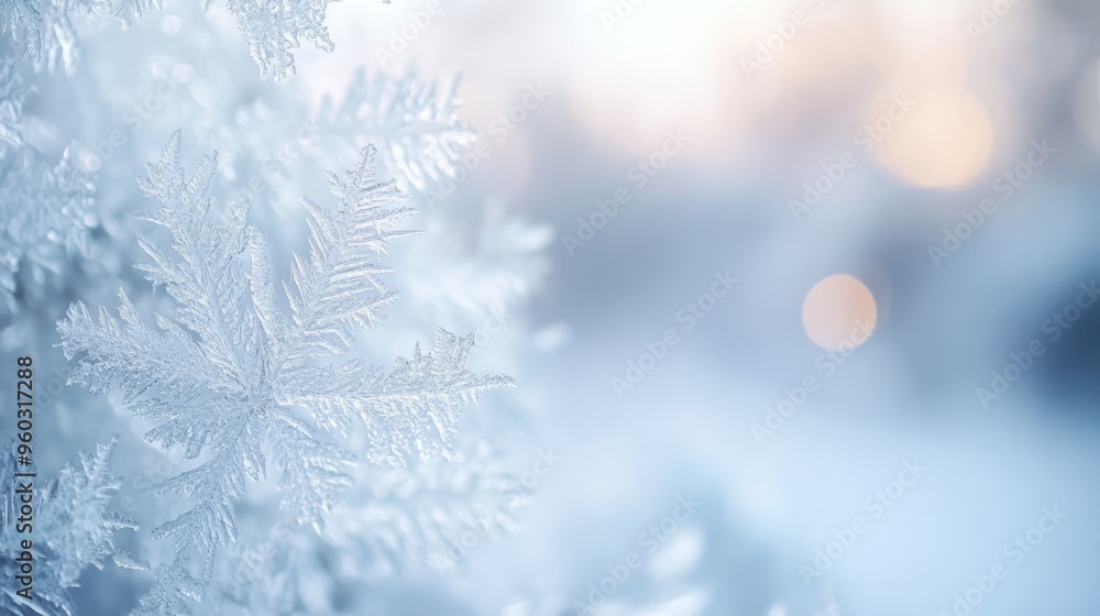 White Christmas background with a close-up of frosted window glass, ice patterns, and blurred winter scene outside White Christmas background with a close-up of frosted window glass, ice patterns, and blurred winter scene outside
