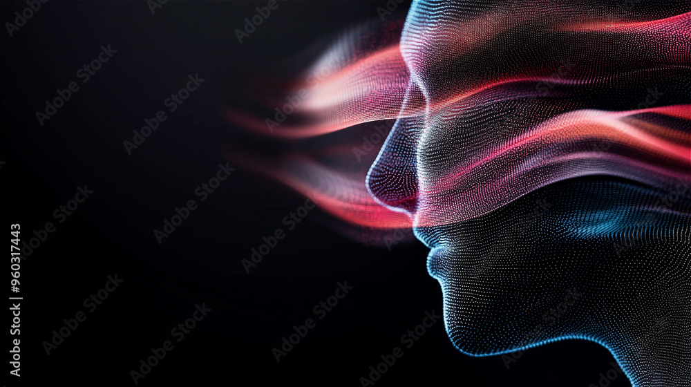 A background where gradation dots and digital wavy lines create lines in the shape of a human body and digital wavy lines wave around them A background where gradation dots and digital wavy lines create lines in the shape of a human body and digital wavy lines wave around them