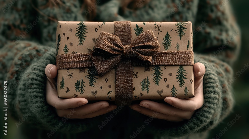 Woman's hands holding forest-patterned gift box, close-up shot for holiday greeting Woman's hands holding forest-patterned gift box, close-up shot for holiday greeting