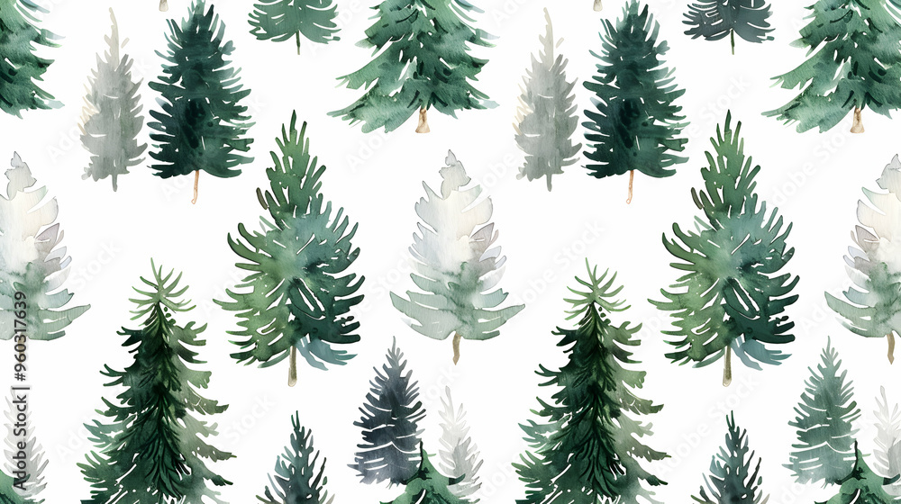 Seamless pattern with watercolor pine trees and spruces, hand drawn on white background Seamless pattern with watercolor pine trees and spruces, hand drawn on white background
