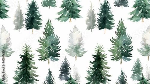 Seamless pattern with watercolor pine trees and spruces, hand drawn on white background