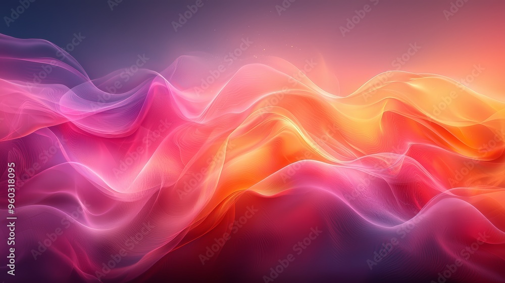 Fototapeta premium Colorful swirling patterns of pink, orange, and purple fabric-like textures flowing against a dark backdrop at dusk