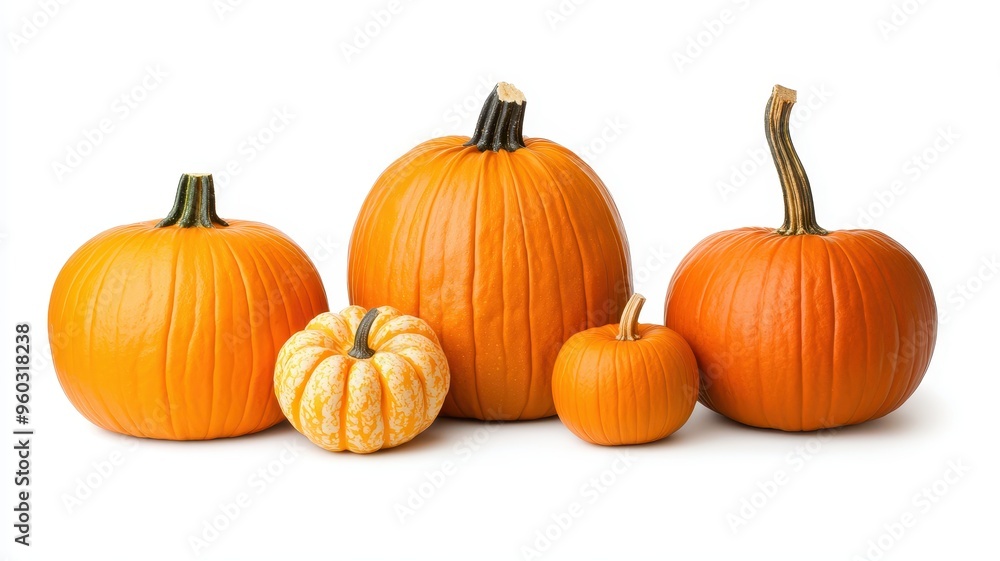 Fototapeta premium A collection of vibrant orange pumpkins of various sizes, perfect for autumn themes and seasonal decorations.