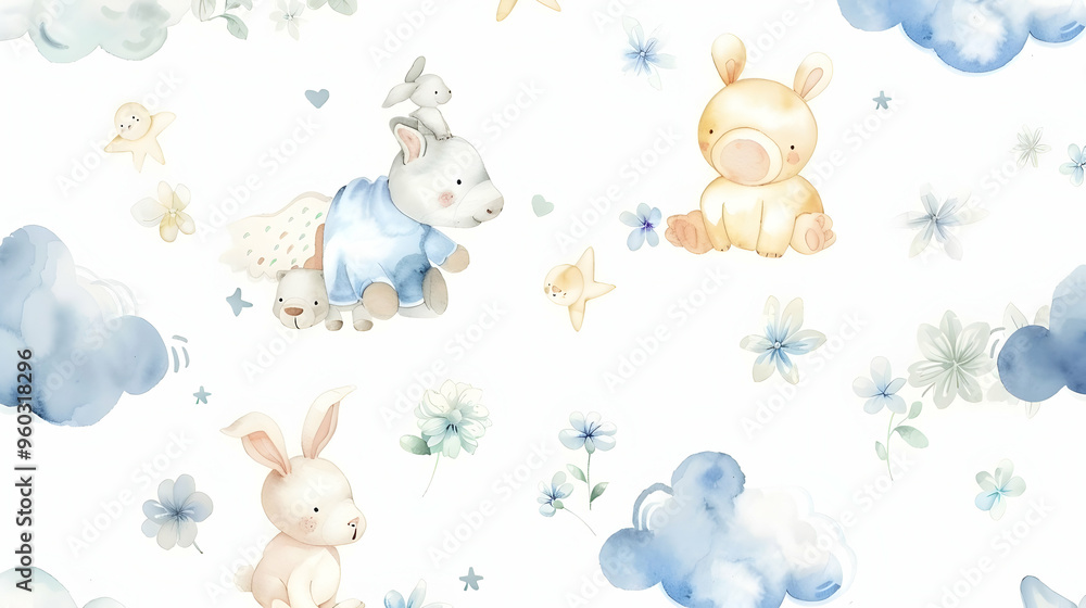 Seamlesss pattern with cartoon clouds, magic baby bear bunny toys and cow. Watercolor hand drawn illustration with white background Seamlesss pattern with cartoon clouds, magic baby bear bunny toys and cow. Watercolor hand drawn illustration with white background