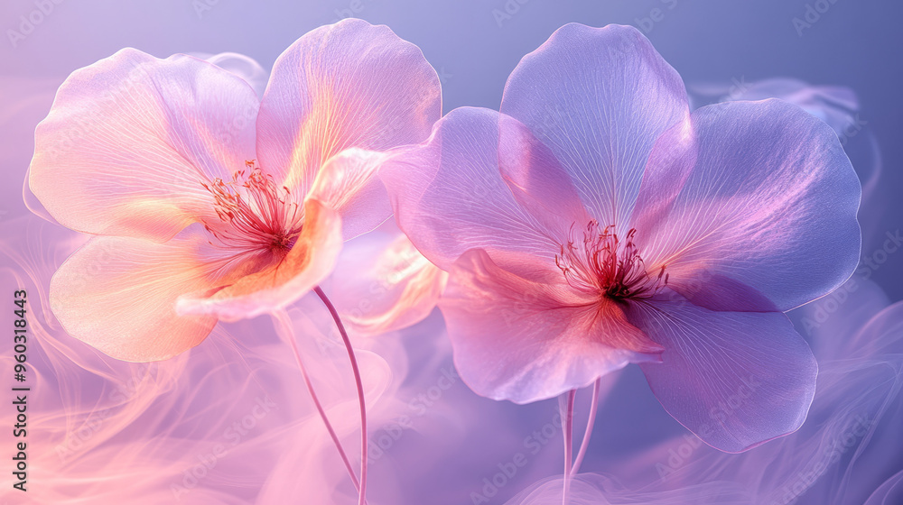 Fototapeta premium A delicate, wispy bouquet of ethereal flowers with translucent petals in pastel pink and lilac, softly glowing against a misty background, isolated on a pastel lavender backdrop,