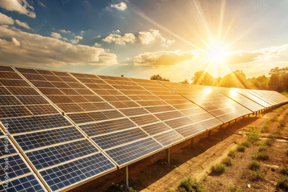 A wide expanse of solar panels lined up in an open field, absorbing the ...
