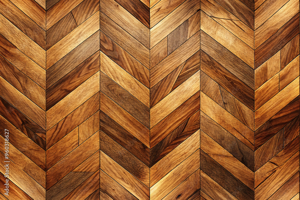 A wood floor with a chevron pattern, featuring rich tones of brown with grain variations that create a refined, timeless look A wood floor with a chevron pattern, featuring rich tones of brown with grain variations that create a refined, timeless look