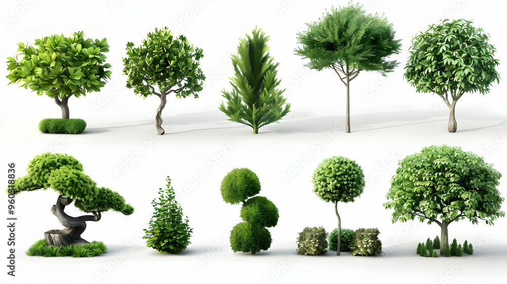 Fototapeta premium Set of Bush, Dwarf trees, ornamental trees, shrubs., Siamese rough bush, pruning tree for garden decoration.