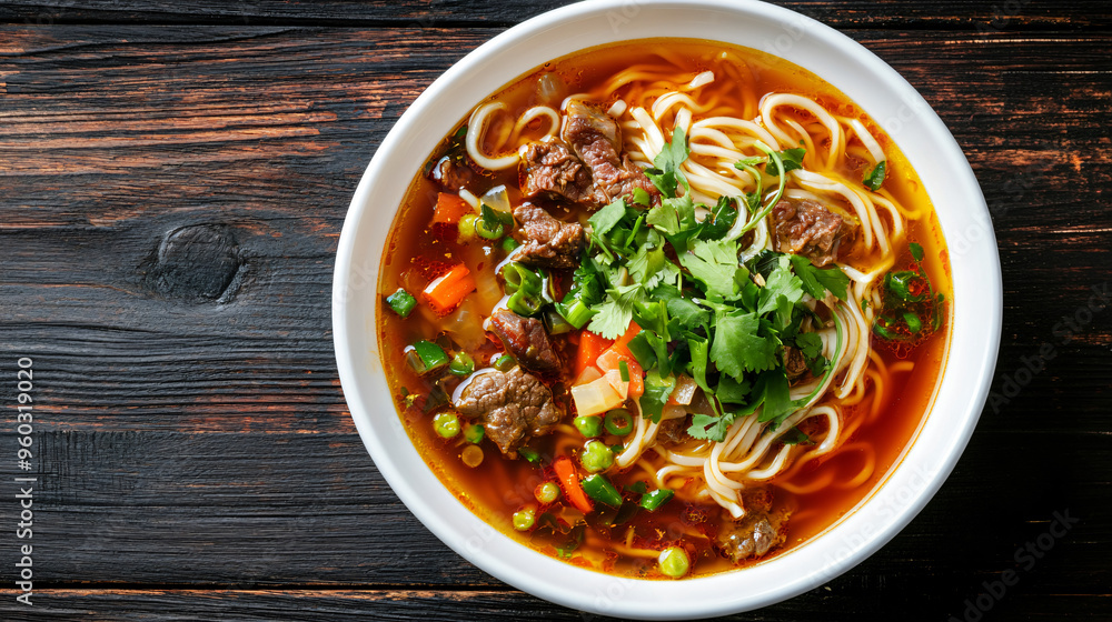 Bowl of tasty broth with noodles, beef meat and vegetables, shot from above on rustic wooden background with copy space Bowl of tasty broth with noodles, beef meat and vegetables, shot from above on rustic wooden background with copy space