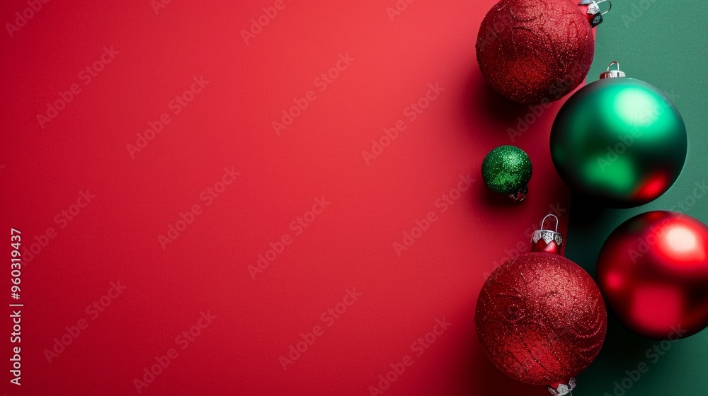 red and green decorative christmas balls on red background copy space. christmas concept red and green decorative christmas balls on red background copy space. christmas concept