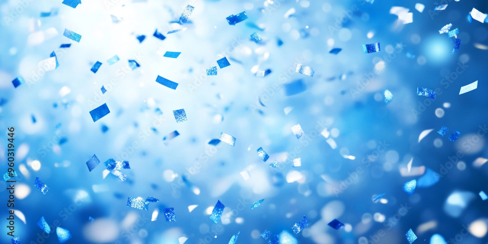 Blue confetti falling on a blue background with bokeh and copy space for design. Blue confetti falling on a blue background with bokeh and copy space for design.