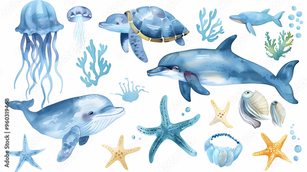 Fototapeta premium Set of sea animals. Blue watercolor ocean fish, turtle, whale and coral. Shell aquarium background. Nautical dolphin marine illustration, jellyfish, starfish