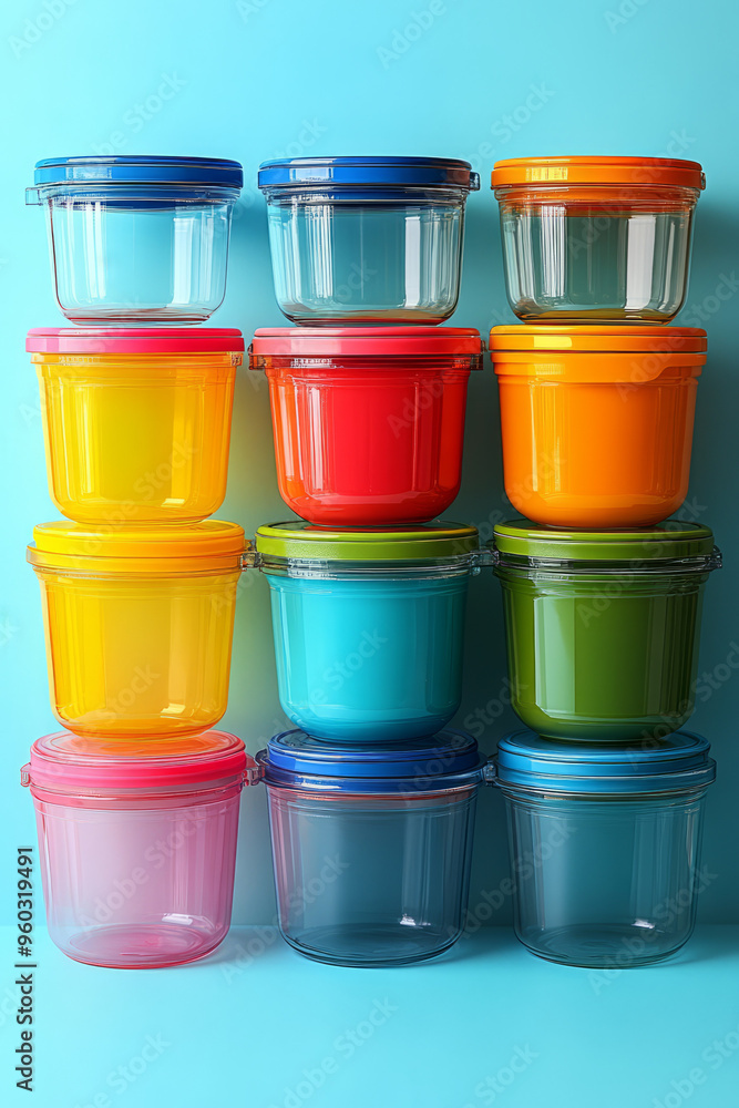 A selection of glass and stainless steel food containers with colorful lids, stacked neatly, isolated on a pastel blue background, A selection of glass and stainless steel food containers with colorful lids, stacked neatly, isolated on a pastel blue background,