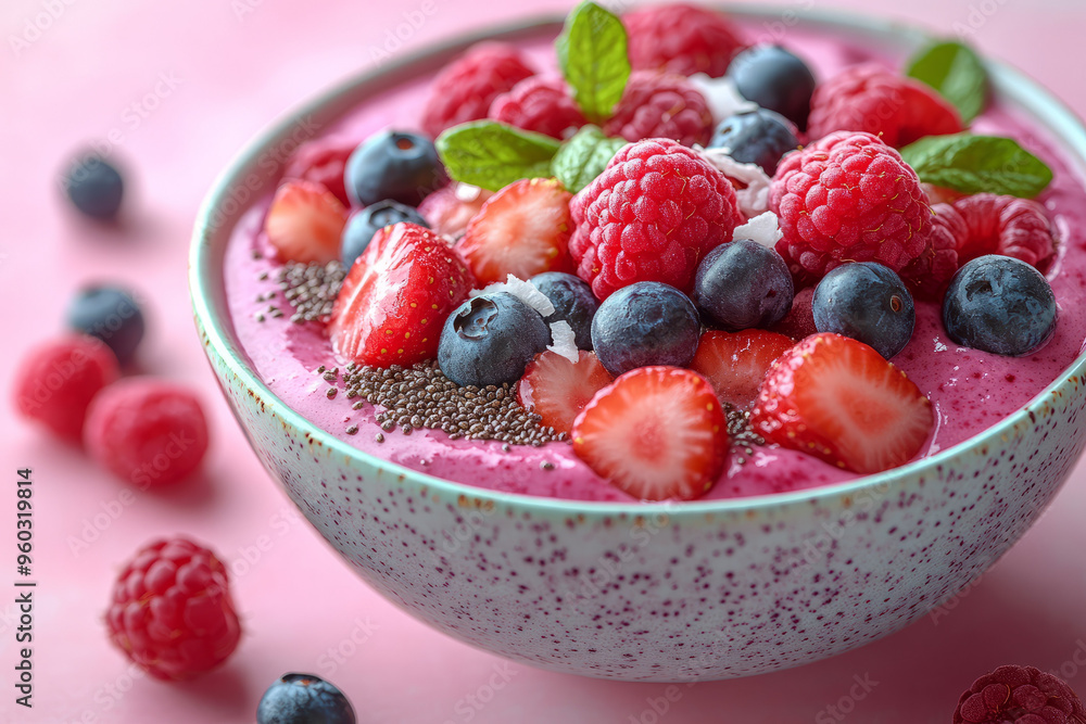 A vegan smoothie bowl with fresh berries, chia seeds, and coconut flakes, beautifully arranged, isolated on a pastel pink background, A vegan smoothie bowl with fresh berries, chia seeds, and coconut flakes, beautifully arranged, isolated on a pastel pink background,