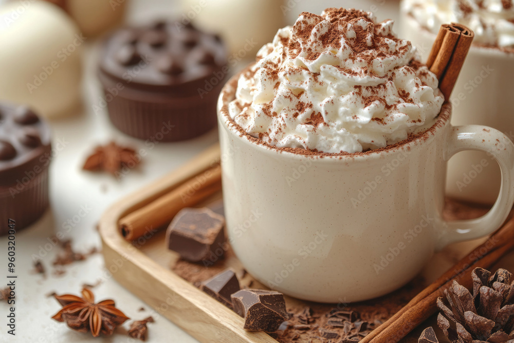 A hot cup of cocoa topped with whipped cream, cinnamon sticks, and chocolate shavings, placed on a wooden tray, isolated on a pastel beige background, A hot cup of cocoa topped with whipped cream, cinnamon sticks, and chocolate shavings, placed on a wooden tray, isolated on a pastel beige background,