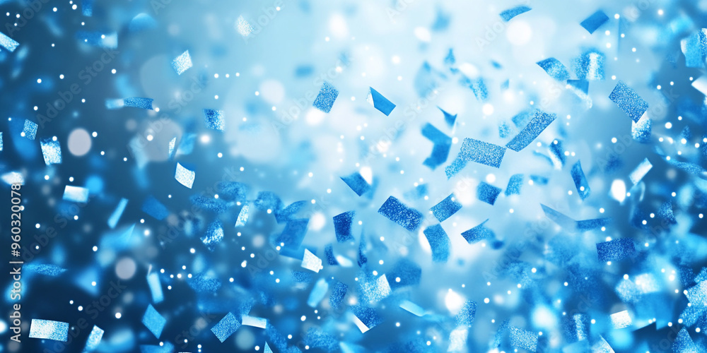 Blue confetti falling on a blue background with bokeh and copy space for design. Blue confetti falling on a blue background with bokeh and copy space for design.