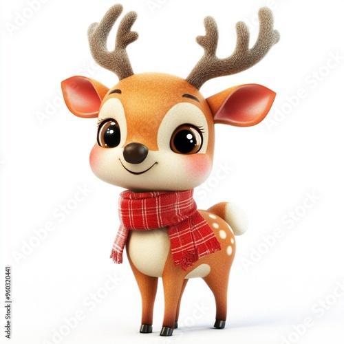 3D Cartoon Cute Funny New Year Deer Isolated on White Background