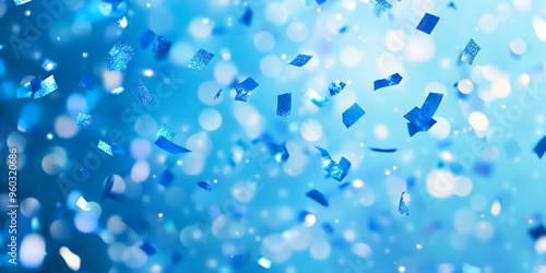 Blue confetti falling on a blue background with bokeh and copy space for design. photo