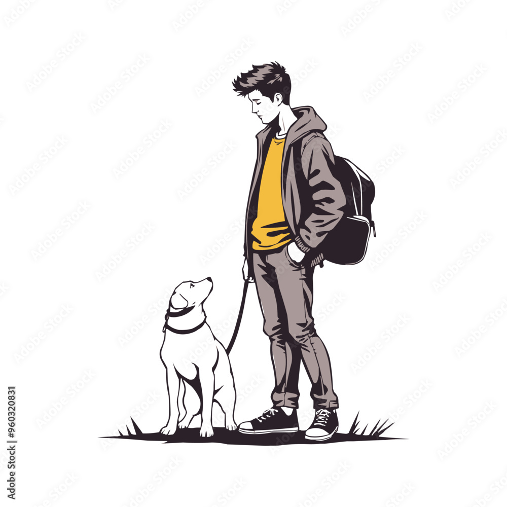 Fototapeta premium Boy And His Dog Vector Silhouette. pet care illustration