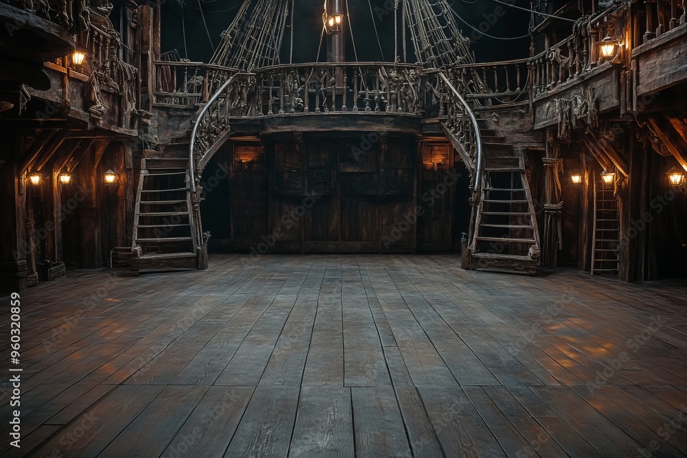 Fototapeta premium Background of an empty pirate ship deck for a theater stage scene
