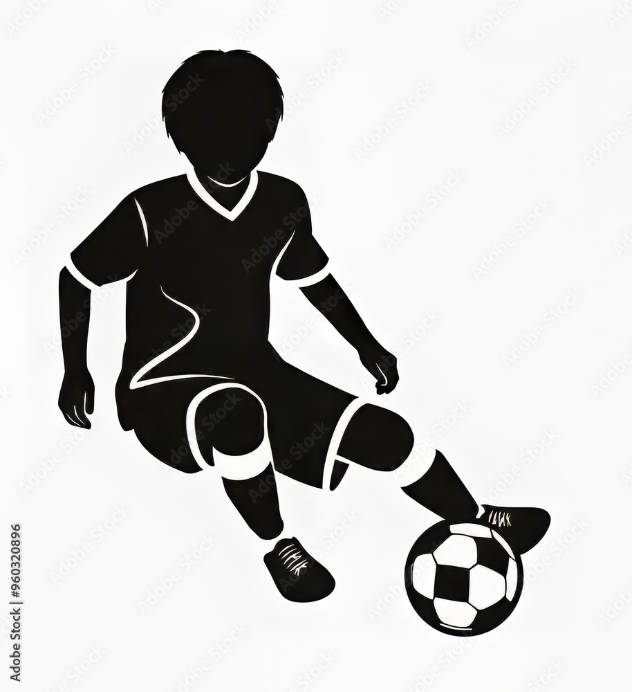 Silhouette of a young male player dribbling a soccer ball. Silhouette of a young male player dribbling a soccer ball.