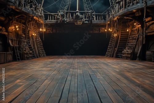 Background of an empty pirate ship deck for a theater stage scene