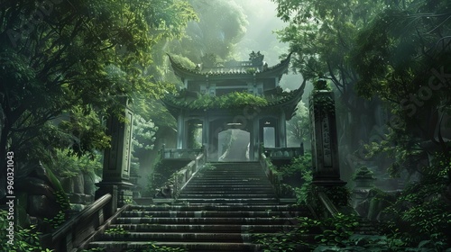 tranquil ancient temple amidst lush fantasy forest serene chinese landscape digital concept illustration