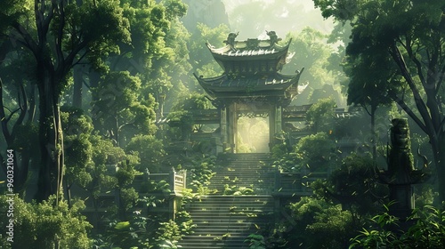 tranquil ancient temple amidst lush fantasy forest serene chinese landscape digital concept illustration