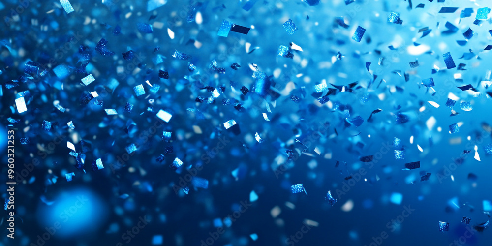 Blue confetti falling on a blue background with bokeh and copy space for design. Blue confetti falling on a blue background with bokeh and copy space for design.
