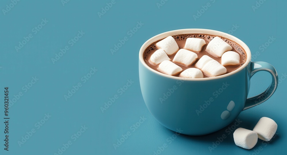 Delicious hot chocolate topped with fluffy marshmallows, served in a light blue cup against a calming turquoise background. Delicious hot chocolate topped with fluffy marshmallows, served in a light blue cup against a calming turquoise background.