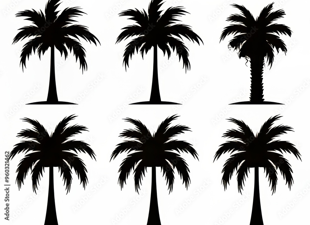 Fototapeta premium Six elegant silhouettes of palm trees on a clean white background.