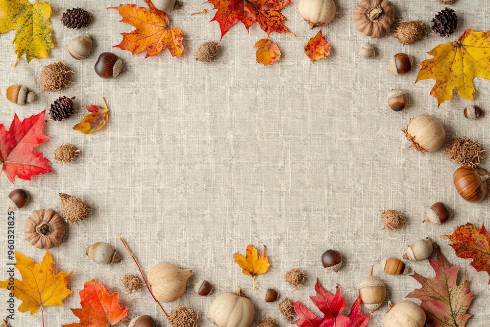 A seasonal flat lay setup with a frame composed of scattered autumn leaves A seasonal flat lay setup with a frame composed of scattered autumn leaves