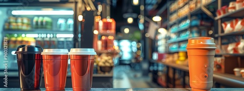 Colorful takeaway coffee cups on counter in convenience store