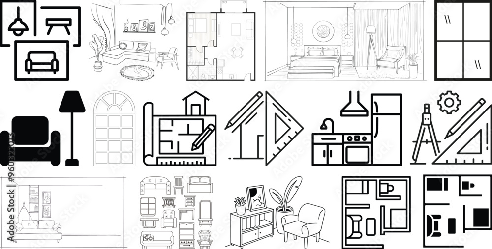 Obraz premium interior and architectural project icons set collection