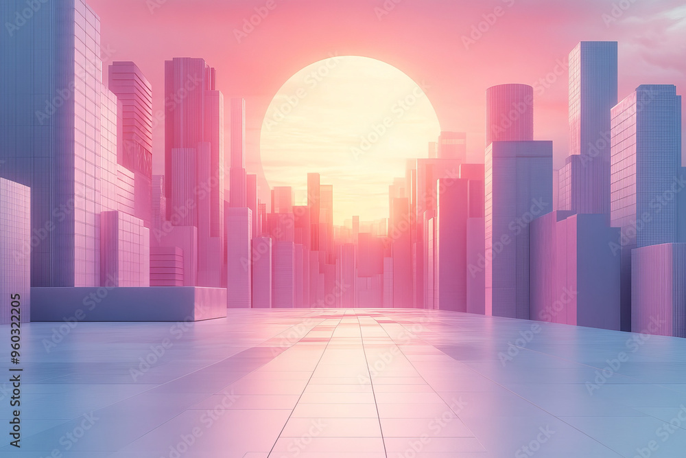 A dynamic abstract cityscape with grid-like streets and blocks in muted lavender and gray, illuminated by a digital sunset in pastel pink, isolated on a pastel blue background, A dynamic abstract cityscape with grid-like streets and blocks in muted lavender and gray, illuminated by a digital sunset in pastel pink, isolated on a pastel blue background,