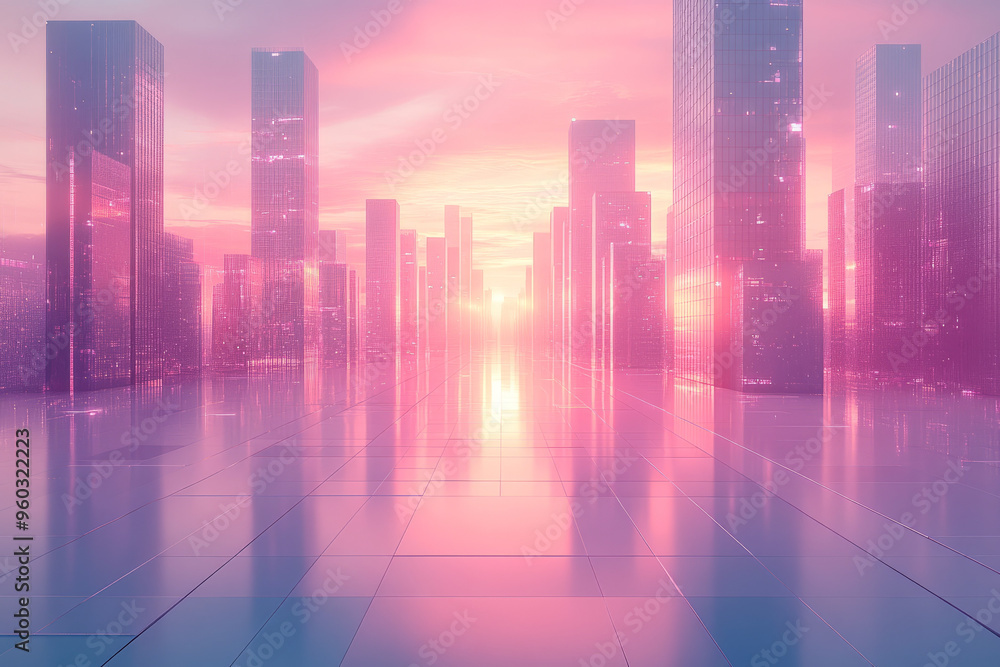 A dynamic abstract cityscape with grid-like streets and blocks in muted lavender and gray, illuminated by a digital sunset in pastel pink, isolated on a pastel blue background, A dynamic abstract cityscape with grid-like streets and blocks in muted lavender and gray, illuminated by a digital sunset in pastel pink, isolated on a pastel blue background,