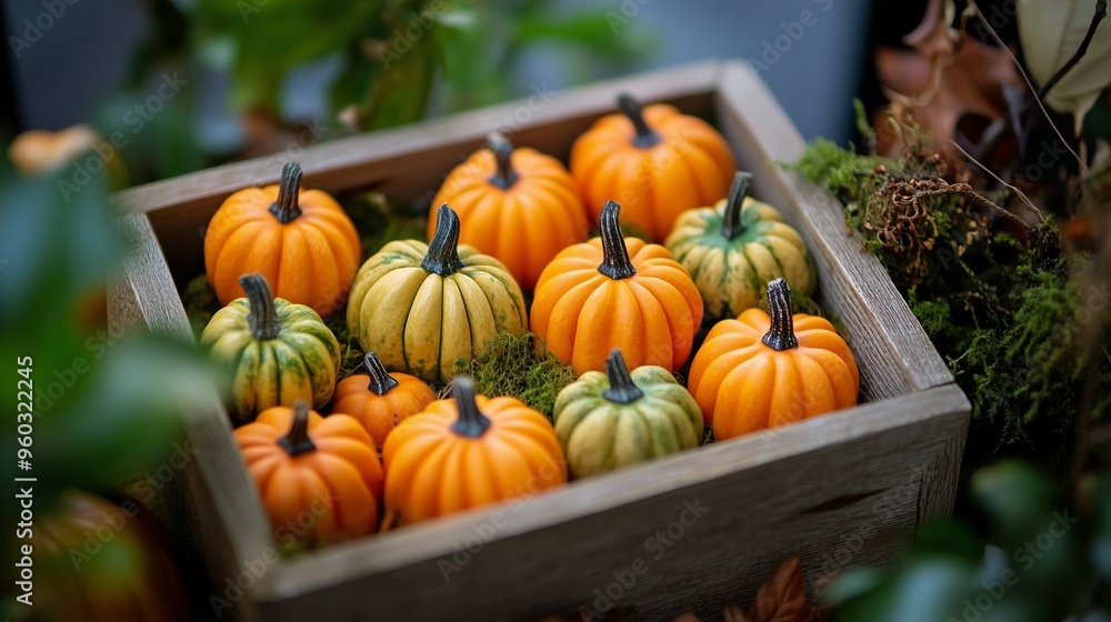 Mini Pumpkins in a Rustic Wooden Box - Autumn Harvest Display Mini Pumpkins in a Rustic Wooden Box - Autumn Harvest Display