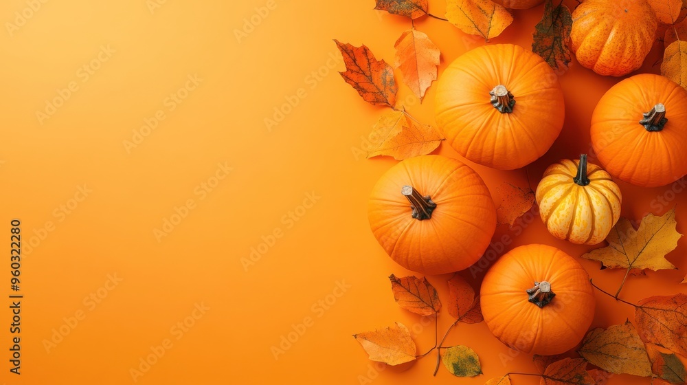 Halloween pumpkins and leaves on orange background with copy space. Top view. Halloween concept banner design template. Halloween pumpkins and leaves on orange background with copy space. Top view. Halloween concept banner design template.