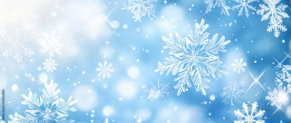 Abstract snowflake pattern on blue gradient background. Vector presentation design using white and blue colors. Abstract snowflake pattern on blue gradient background. Vector presentation design using white and blue colors.
