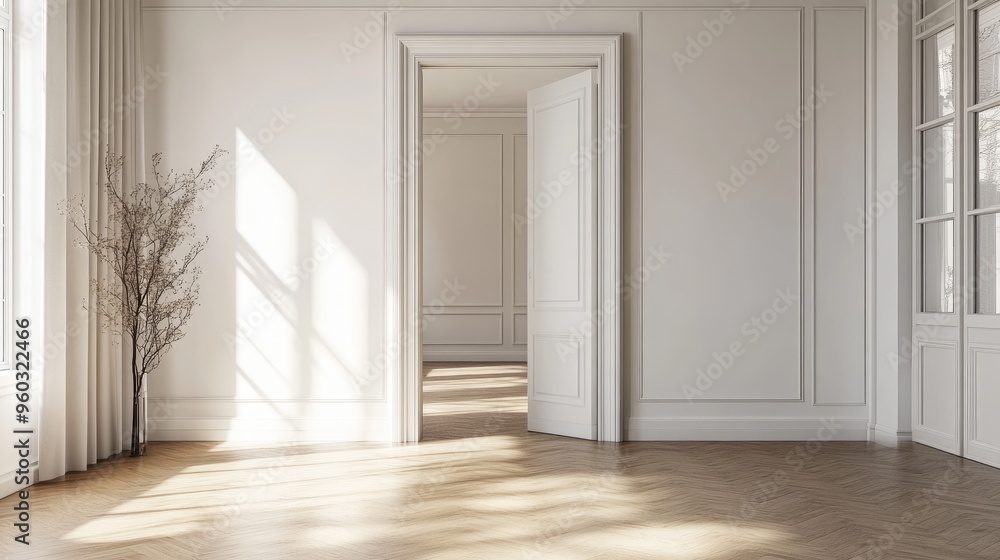 White wall in a spacious room with an open doorway, leading to another room filled with natural light. White wall in a spacious room with an open doorway, leading to another room filled with natural light.