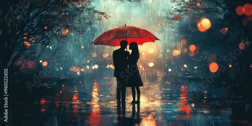 Silhouettes of a Couple Under a Red Umbrella in the Rain