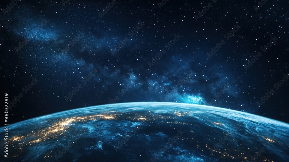 Fototapeta premium ภาพกลางคืนอันสวยงามของโลกจากอวกาศ พร้อมดวงดาวและกาแล็กซีบนท้องฟ้า และแสงไฟในเมืองที่ส่องสว่างบนขอบฟ้าในยามพลบค่ำหรือรุ่งเช้า