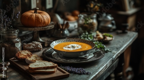 Rustic Pumpkin Soup with Bread – Cozy Autumn Meal